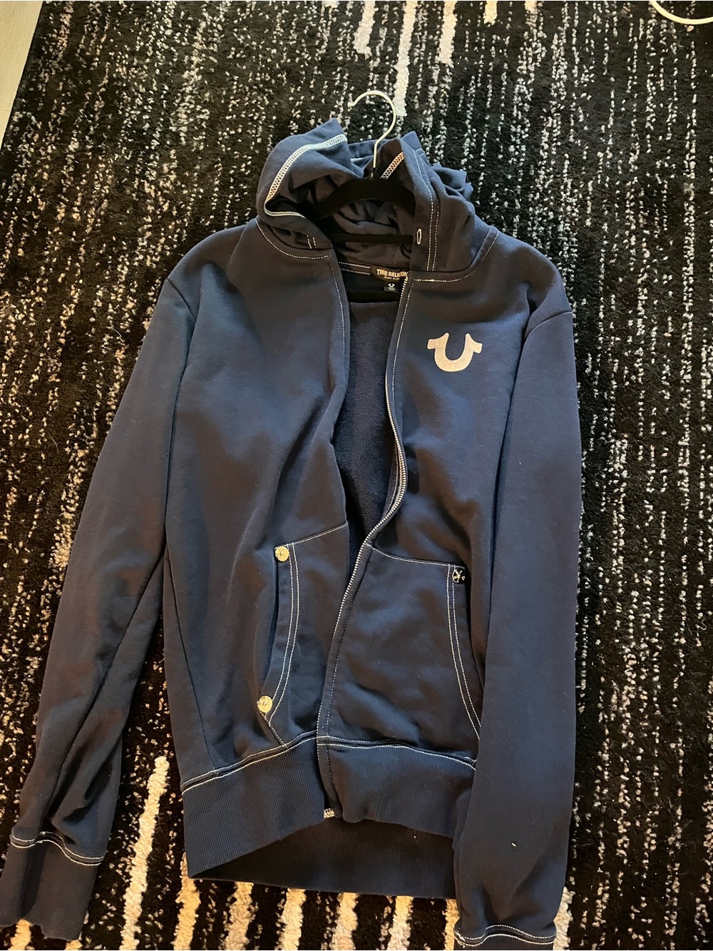 True Religion Navy Blue Zip Hoodie with White Horseshoe